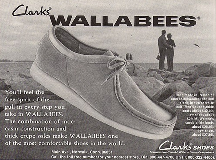Оригинальная реклама обуви Clarks Wallabees 1970-х годов